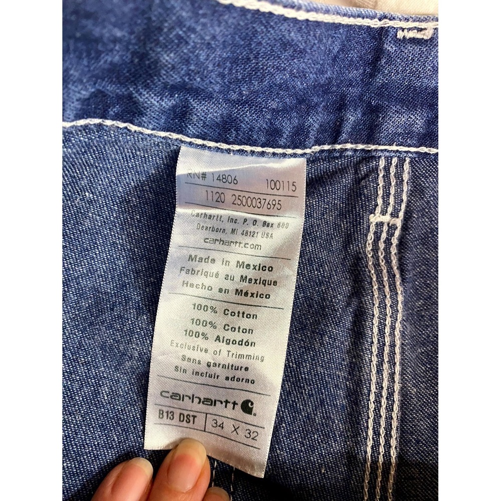 Carhartt Dungaree Carpenter Jeans Mens 34x32 Blue Denim Loose Fit Hammer Loop - Picture 4 of 11